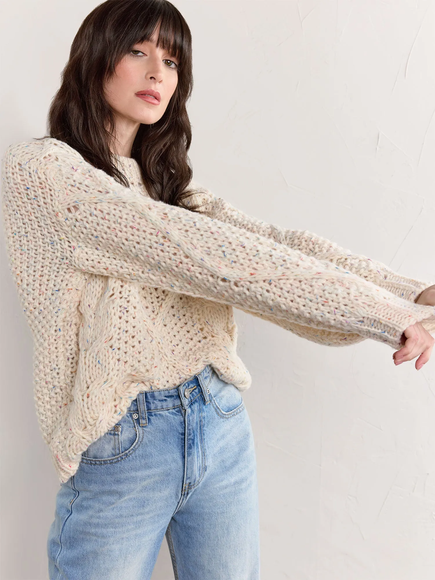 Long-Sleeve Cable Stitch Tunic Sweater - Fate